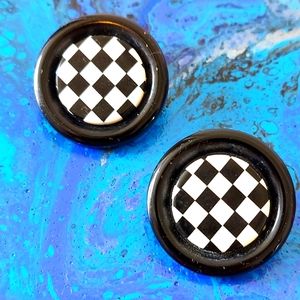 Vintage 60s Black & White Two Tone Checkerboard Clip On Earrings 50s Clip Ons